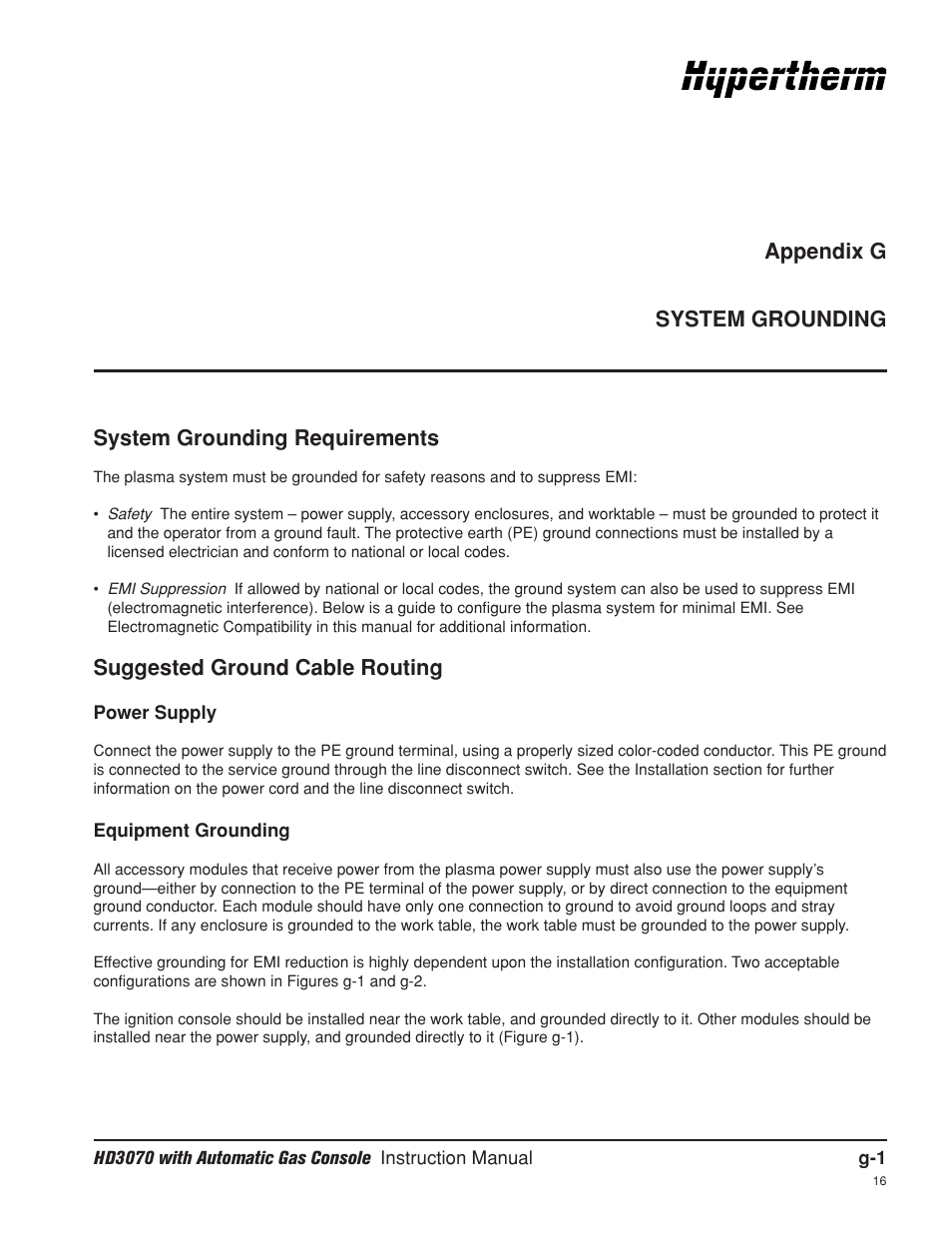 Appendix g system grounding, Appendix g, System grounding requirements | Suggested ground cable routing | Hypertherm HD3070 Plasma Arc Cutting System w/ Automatic Gas Console User Manual | Page 278 / 281