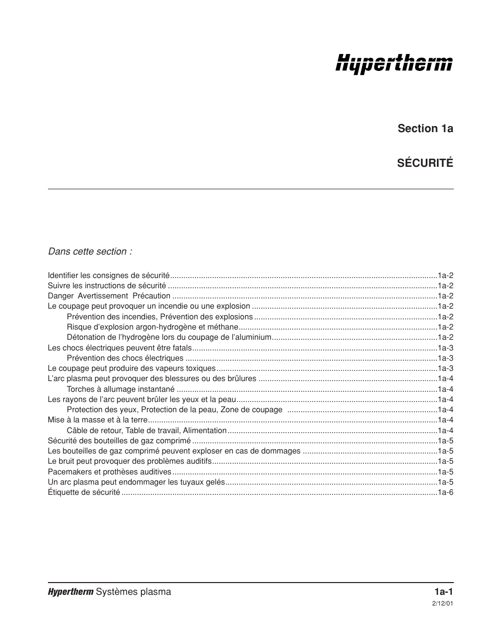 Section 1a sécurité, Section 1a, Sécurité a-1 | Hypertherm HD3070 Plasma Arc Cutting System w/ Automatic Gas Console User Manual | Page 30 / 281