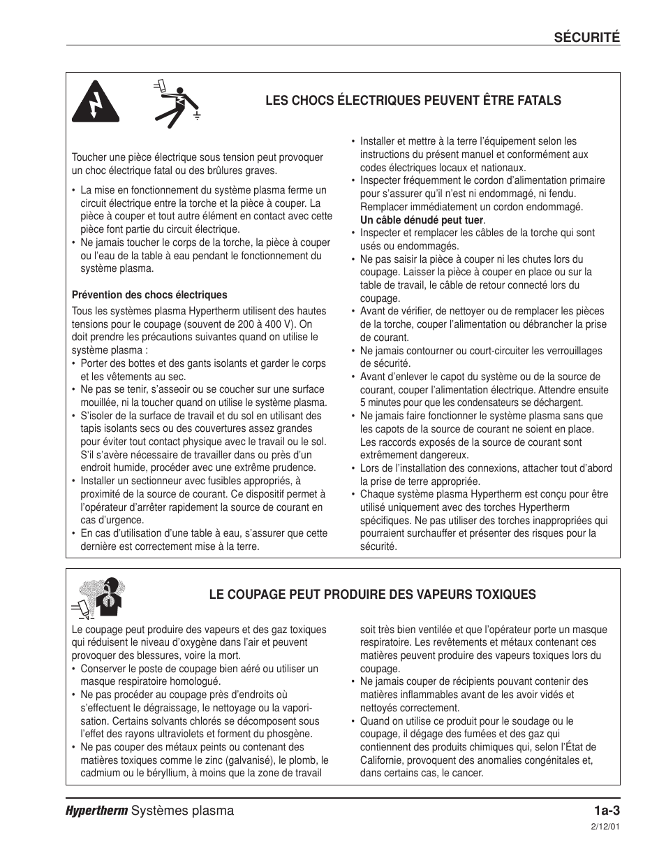 Les chocs électriques peuvent être fatals a-3, Prévention des chocs électriques a-3 | Hypertherm HD3070 Plasma Arc Cutting System w/ Automatic Gas Console User Manual | Page 32 / 281