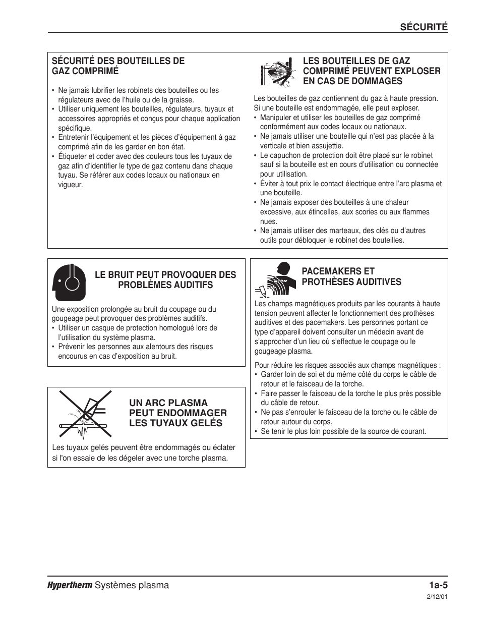 Sécurité des bouteilles de gaz comprimé a-5, Le bruit peut provoquer des problèmes auditifs a-5, Pacemakers et prothéses auditives a-5 | Hypertherm HD3070 Plasma Arc Cutting System w/ Automatic Gas Console User Manual | Page 34 / 281