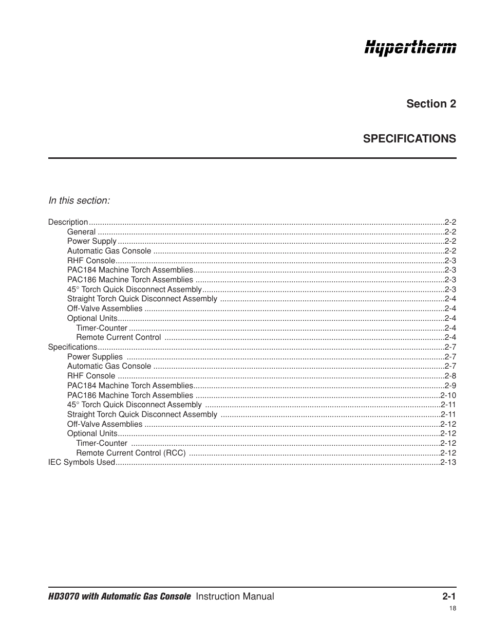 Section 2 specifications, Section 2, Specifications -1 | Hypertherm HD3070 Plasma Arc Cutting System w/ Automatic Gas Console User Manual | Page 36 / 281