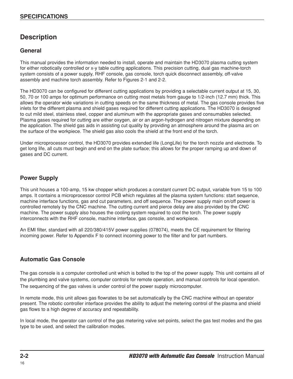 Description -2, General -2, Power supply -2 | Automatic gas console -2, Description | Hypertherm HD3070 Plasma Arc Cutting System w/ Automatic Gas Console User Manual | Page 37 / 281