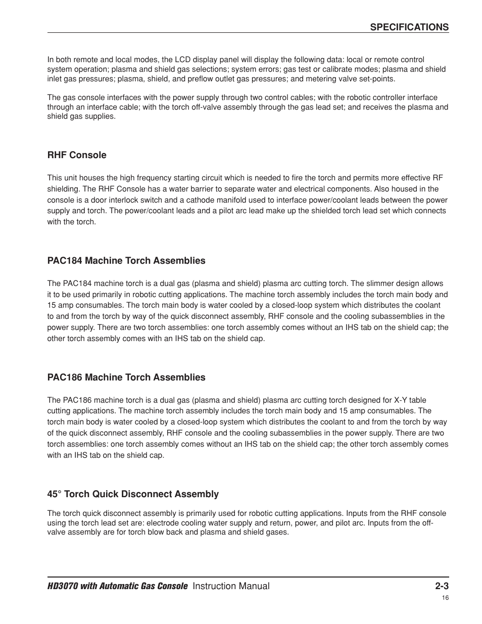 Rhf console -3, Pac184 machine torch assemblies -3, Pac186 machine torch assemblies -3 | 45° torch quick disconnect assembly -3 | Hypertherm HD3070 Plasma Arc Cutting System w/ Automatic Gas Console User Manual | Page 38 / 281