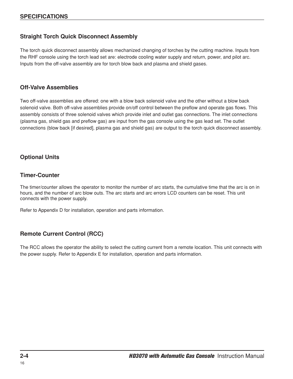 Straight torch quick disconnect assembly -4, Off-valve assemblies -4, Optional units -4 | Timer-counter -4, Remote current control -4, Timer-counter -4 remote current control -4 | Hypertherm HD3070 Plasma Arc Cutting System w/ Automatic Gas Console User Manual | Page 39 / 281