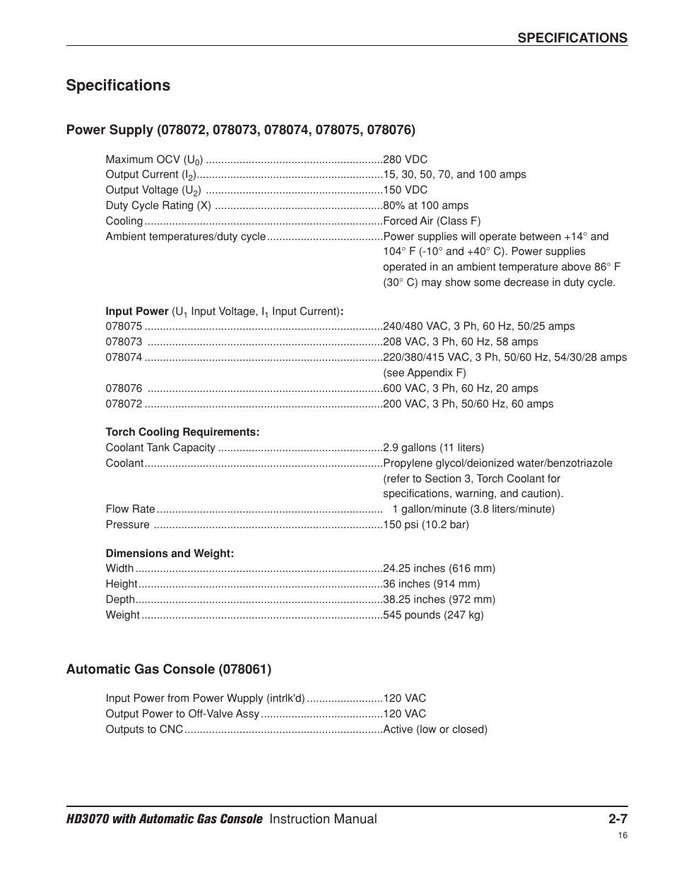 Specifications -7, Power supplies -7, Automatic gas console -7 | Power supplies -7 automatic gas console -7, Specifications | Hypertherm HD3070 Plasma Arc Cutting System w/ Automatic Gas Console User Manual | Page 42 / 281