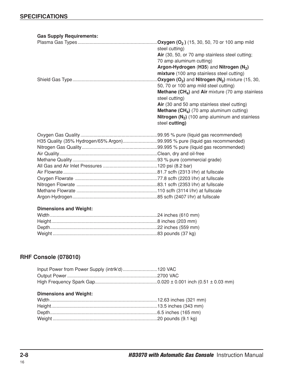 Rhf console -8, Specifications | Hypertherm HD3070 Plasma Arc Cutting System w/ Automatic Gas Console User Manual | Page 43 / 281