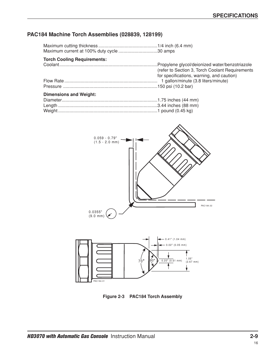 Pac184 machine torch assemblies -9, Specifications | Hypertherm HD3070 Plasma Arc Cutting System w/ Automatic Gas Console User Manual | Page 44 / 281