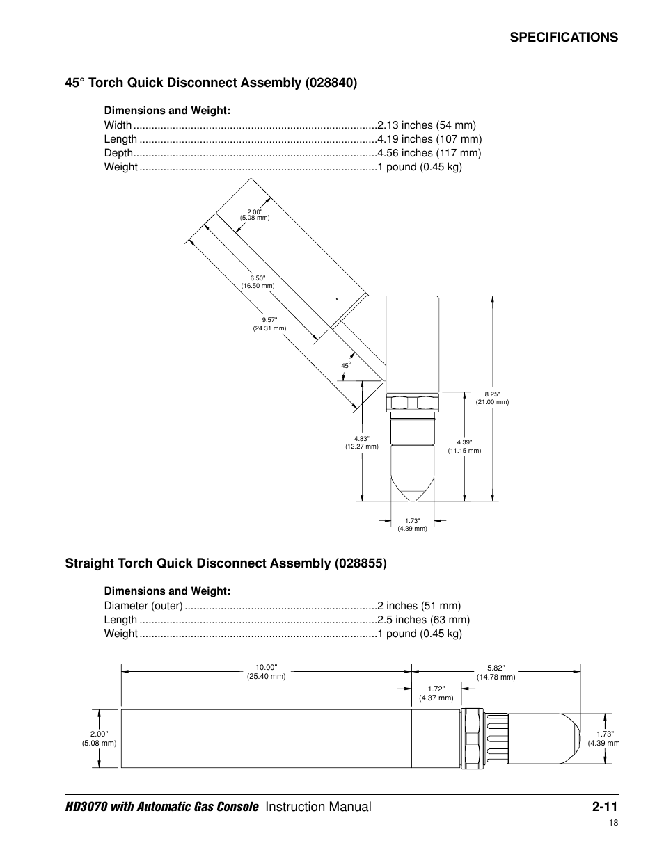 45° torch quick disconnect assembly -11, Straight torch quick disconnect assembly -11 | Hypertherm HD3070 Plasma Arc Cutting System w/ Automatic Gas Console User Manual | Page 46 / 281