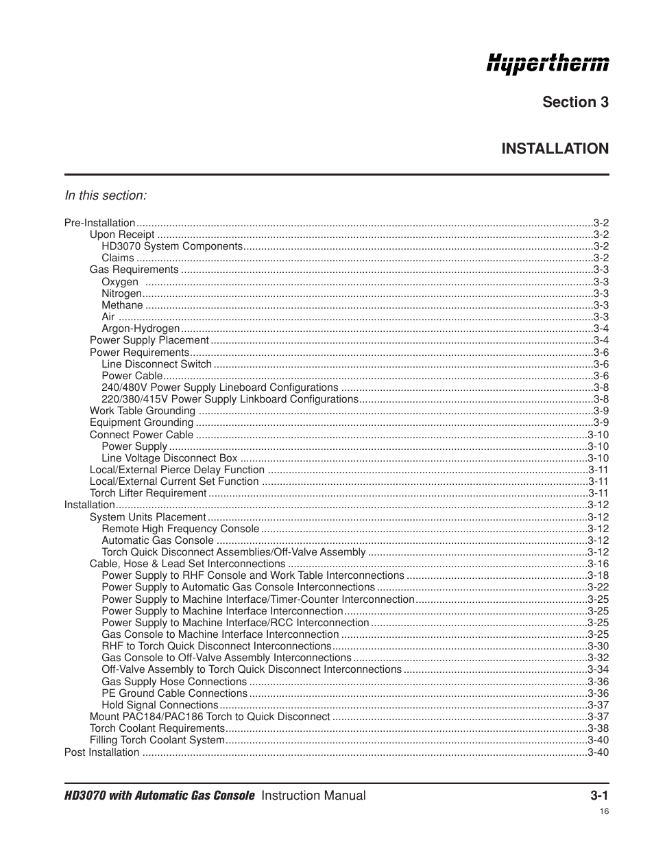 Section 3 installation, Section 3, Installation -1 | Hypertherm HD3070 Plasma Arc Cutting System w/ Automatic Gas Console User Manual | Page 49 / 281