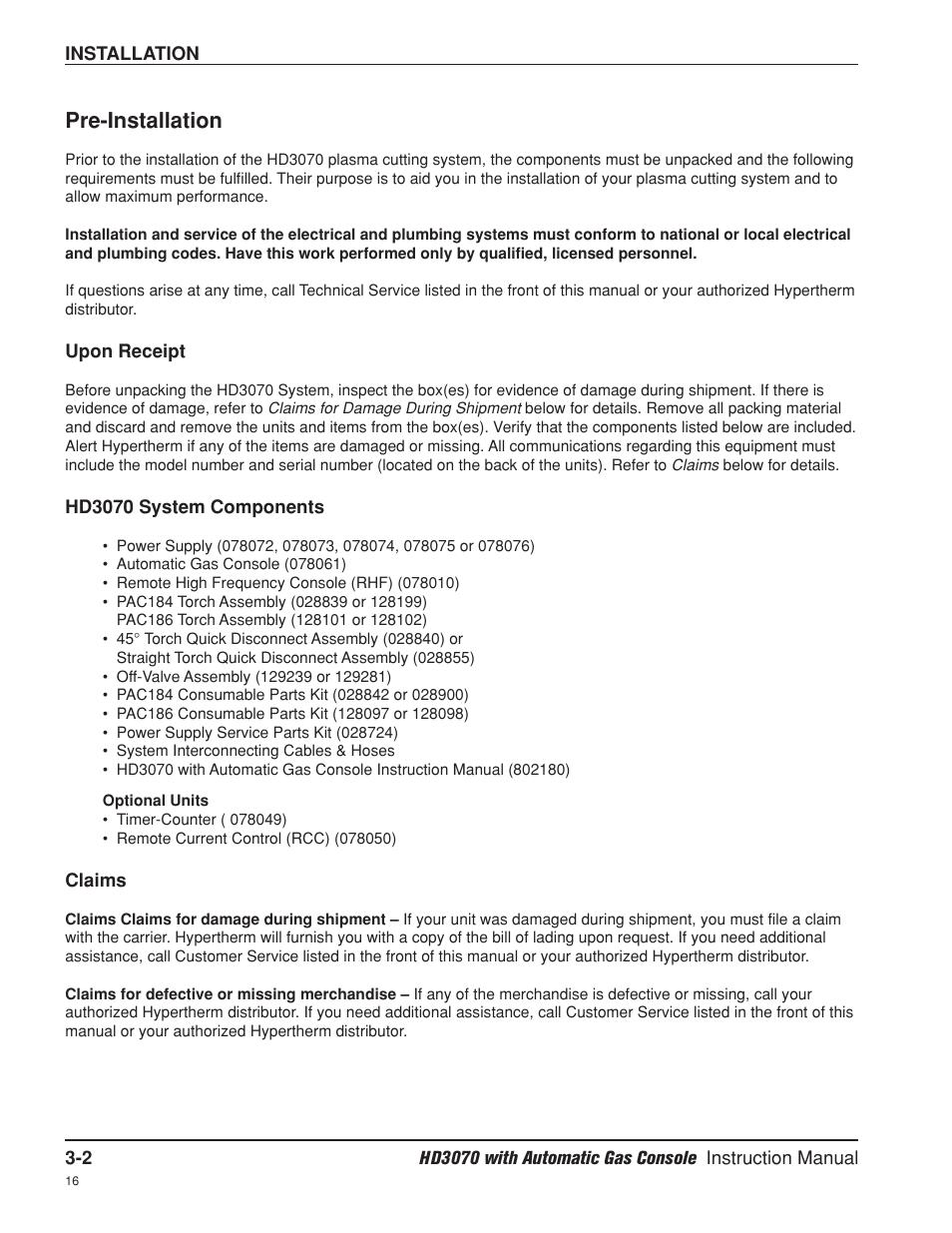 Pre-installation -2, Upon receipt -2, Hd3070 system components -2 | Claims -2, Hd3070 system components -2 claims -2, Pre-installation | Hypertherm HD3070 Plasma Arc Cutting System w/ Automatic Gas Console User Manual | Page 50 / 281