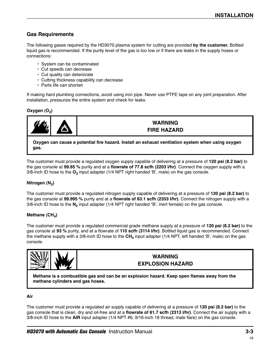 Gas requirements -3, Oxygen -3, Nitrogen -3 | Methane -3, Air -3, Oxygen -3 nitrogen -3 methane -3 air -3 | Hypertherm HD3070 Plasma Arc Cutting System w/ Automatic Gas Console User Manual | Page 51 / 281