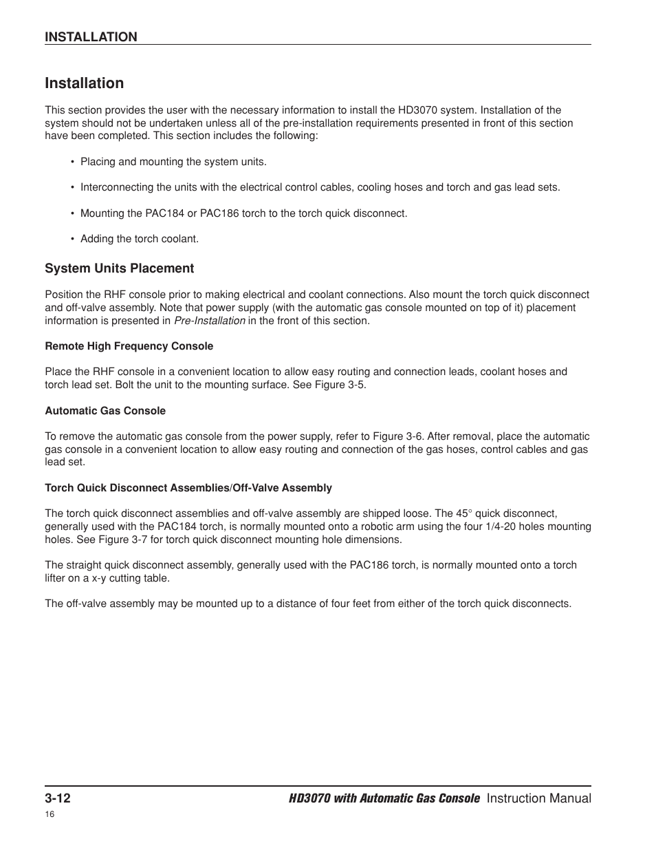 Installation -12, System units placement -12, Remote high frequency console -12 | Automatic gas console -12, Installation | Hypertherm HD3070 Plasma Arc Cutting System w/ Automatic Gas Console User Manual | Page 60 / 281