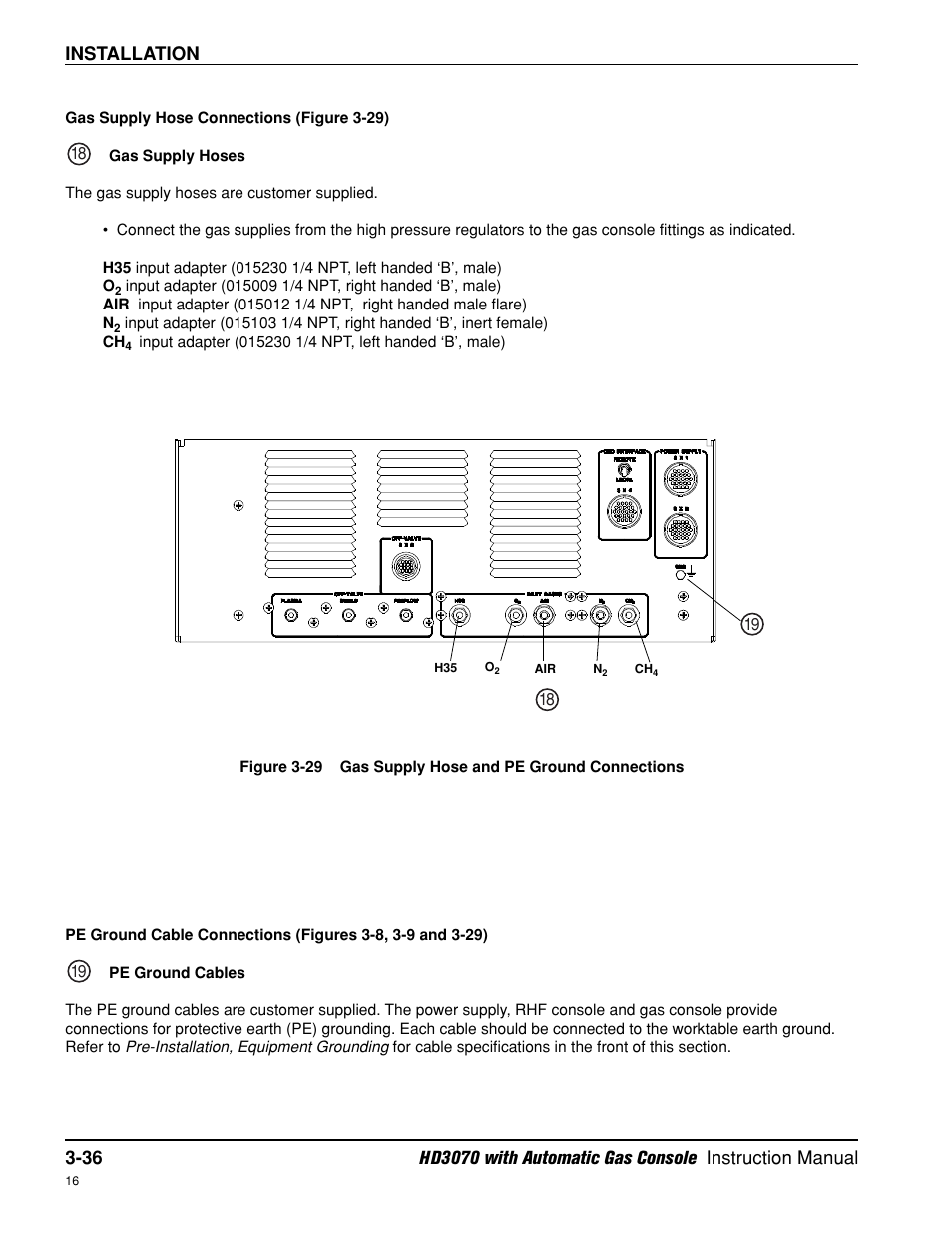 Gas supply hose connections -36, Pe ground cable connections -36, Installation | Hypertherm HD3070 Plasma Arc Cutting System w/ Automatic Gas Console User Manual | Page 84 / 281