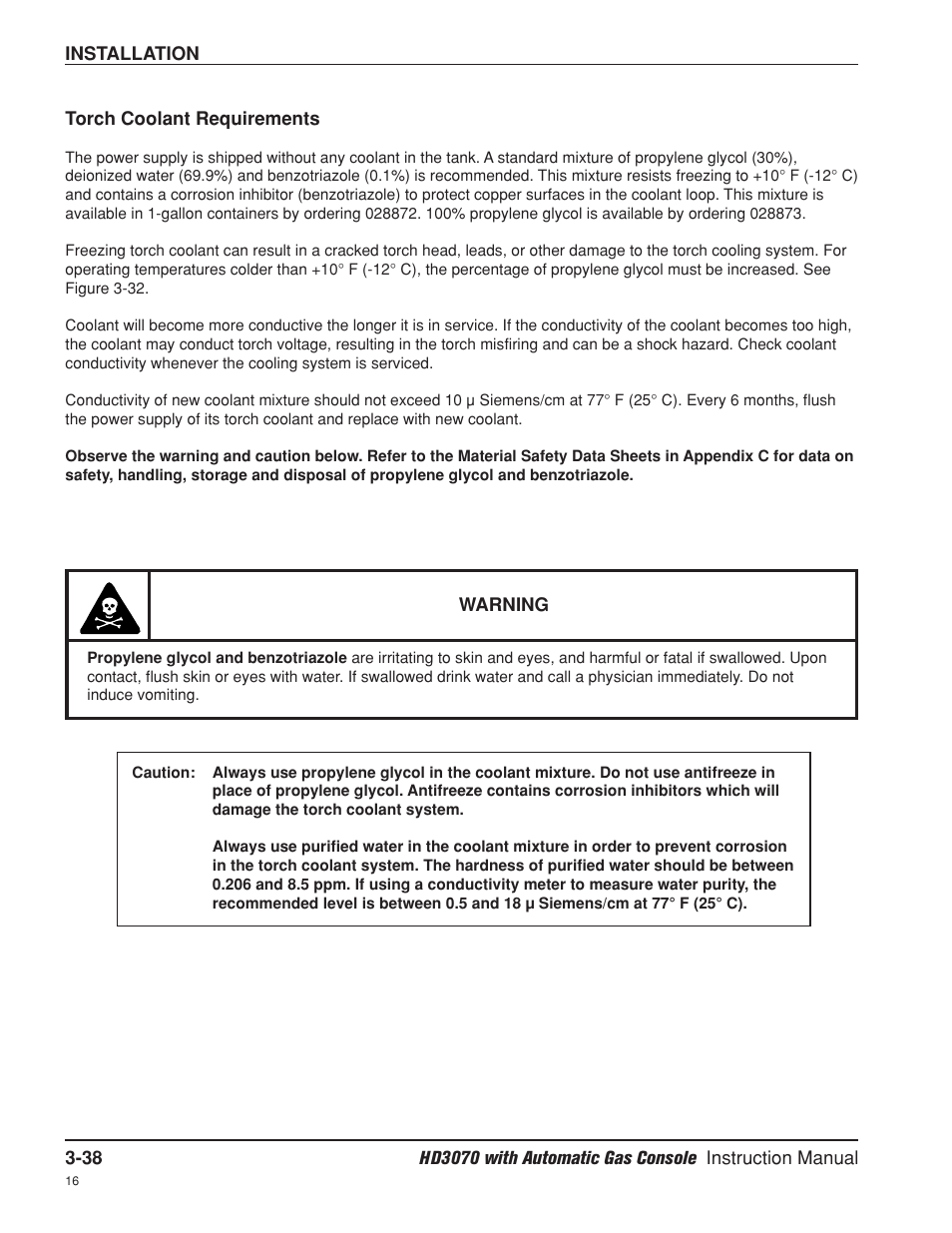 Torch coolant requirements -38 | Hypertherm HD3070 Plasma Arc Cutting System w/ Automatic Gas Console User Manual | Page 86 / 281