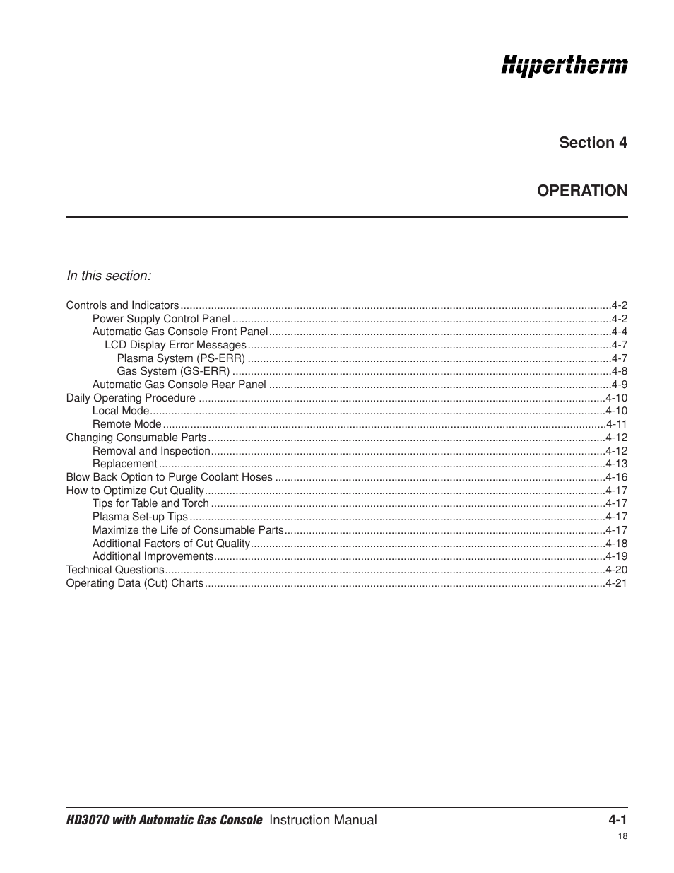 Section 4 operation, Section 4, Operation -1 | Hypertherm HD3070 Plasma Arc Cutting System w/ Automatic Gas Console User Manual | Page 90 / 281