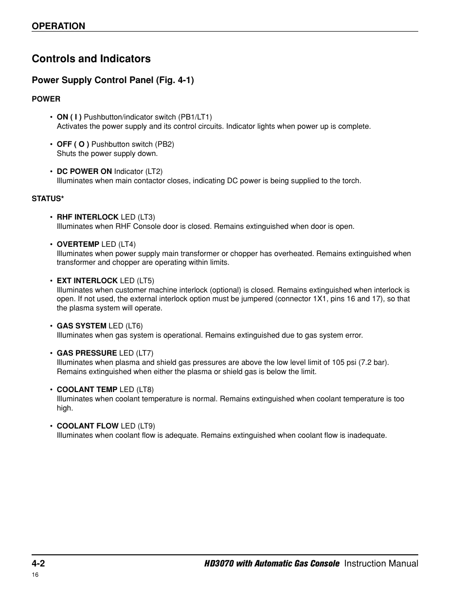 Controls and indicators -2, Power supply control panel -2, Controls and indicators | Hypertherm HD3070 Plasma Arc Cutting System w/ Automatic Gas Console User Manual | Page 91 / 281