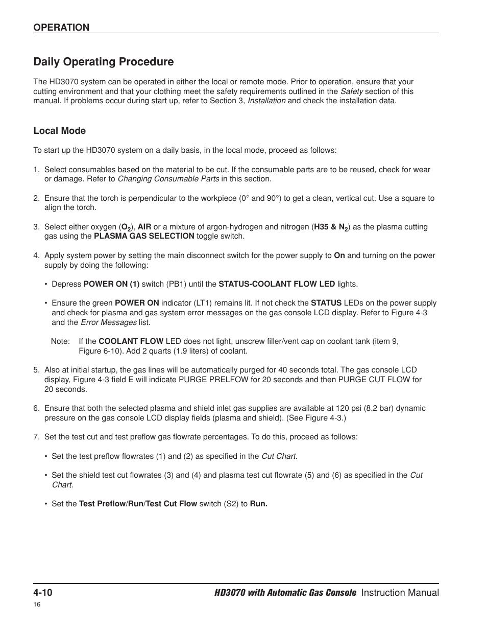 Daily operating procedure -10, Local mode -10, Daily operating procedure | Hypertherm HD3070 Plasma Arc Cutting System w/ Automatic Gas Console User Manual | Page 99 / 281