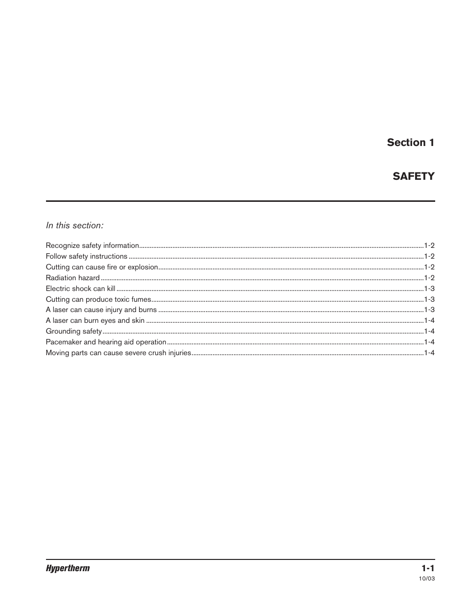 Section 1 safety, Section 1, Safety -1 | Hypertherm LR2075 User Manual | Page 10 / 56