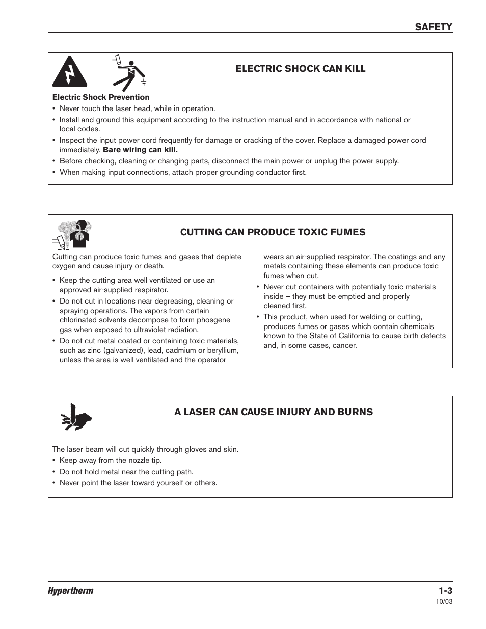 Electric shock can kill -3, Cutting can produce toxic fumes -3, A laser can cause injury and burns -3 | Hypertherm LR2075 User Manual | Page 12 / 56