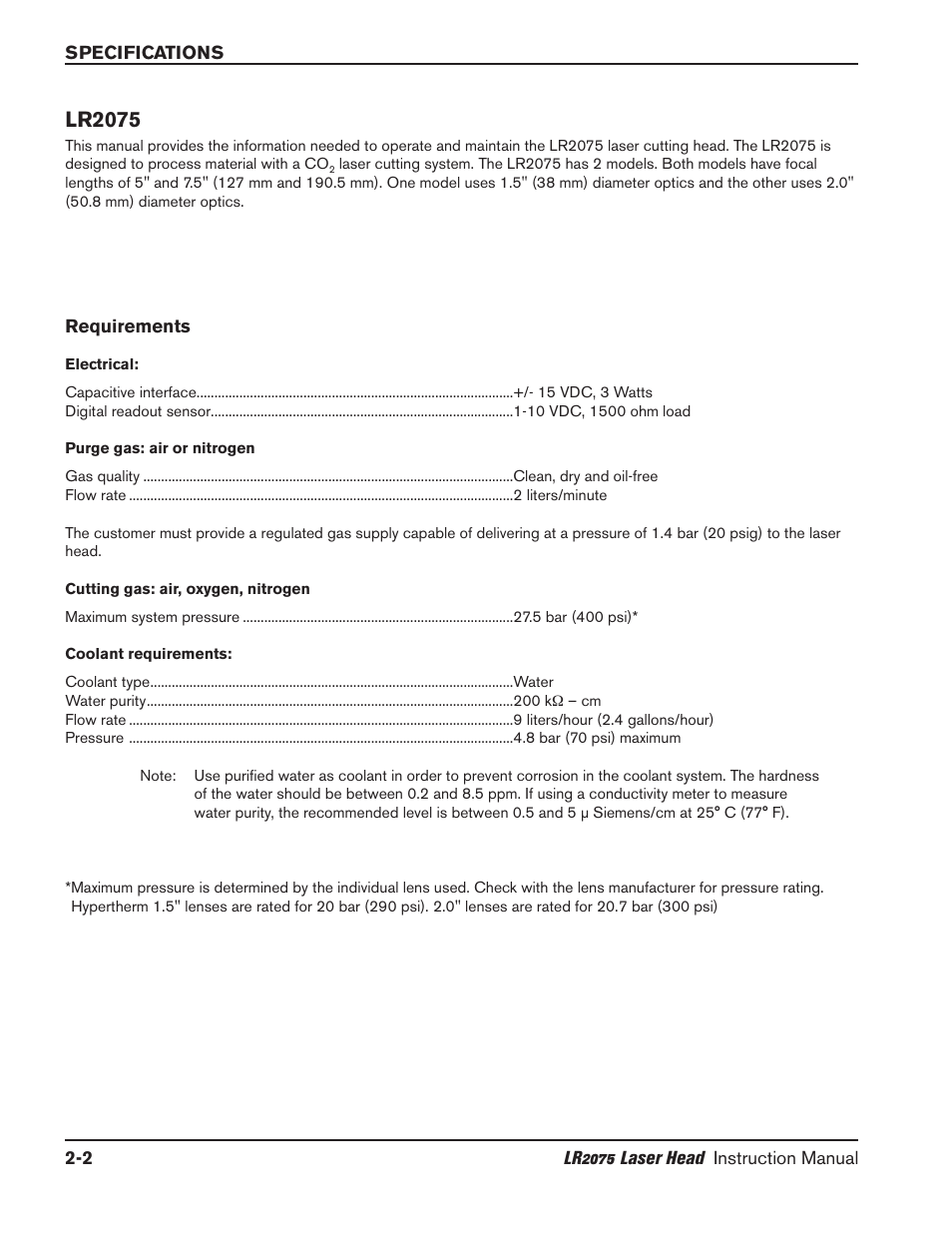 Retrofit head -2, Requirements -2, Electrical -2 | Purge gas -2, Cutting gas -2, Coolant requirements -2, Lr2075 head -2, Lr2075 | Hypertherm LR2075 User Manual | Page 15 / 56