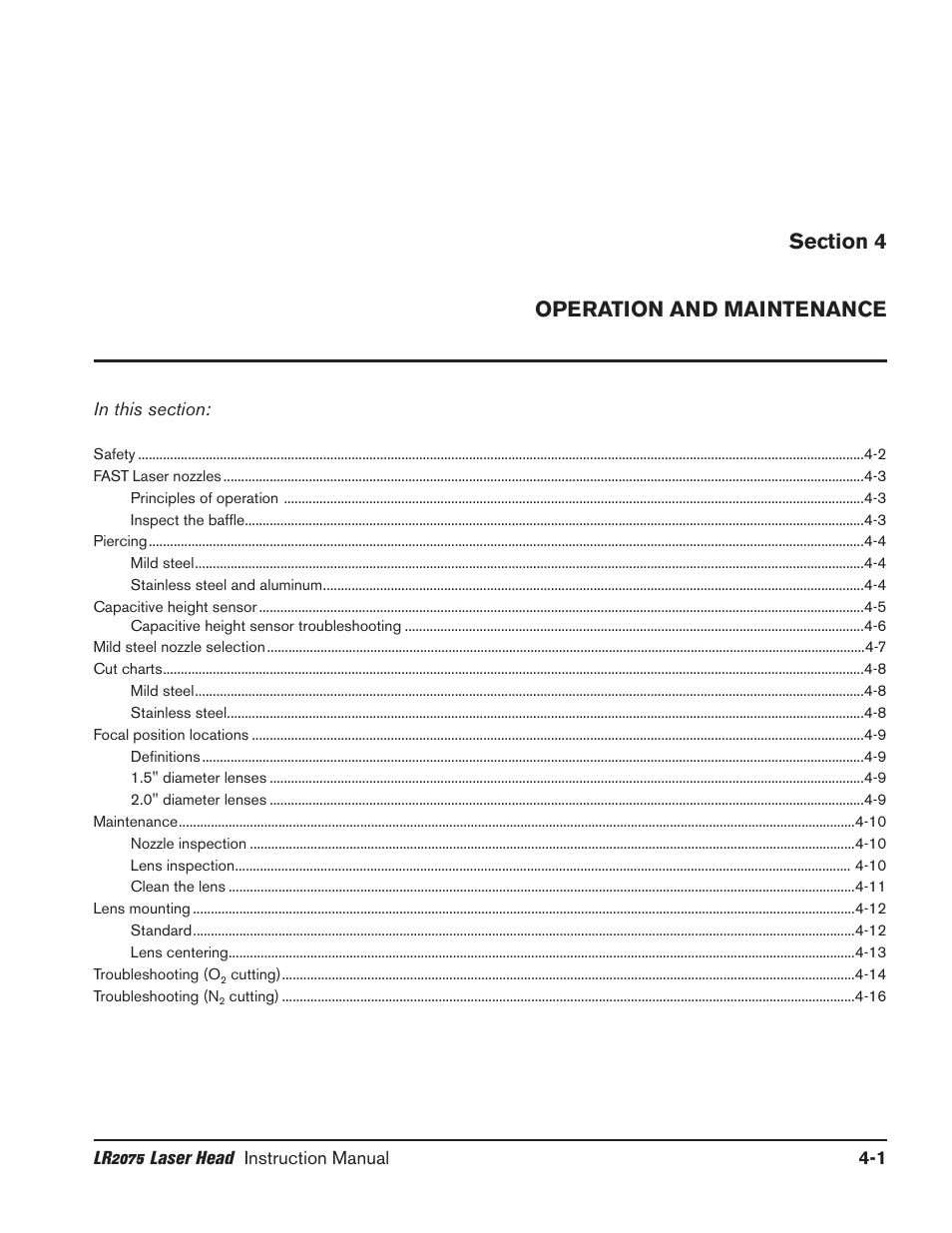 Section 4 operation and maintenance, Section 4, Operation -1 | Hypertherm LR2075 User Manual | Page 26 / 56
