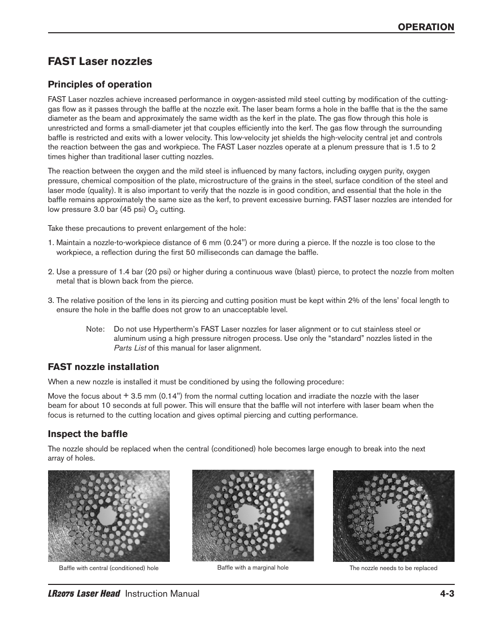 Fast laser nozzles -3, Principles of operation -3, Inspect the baffle -3 | Fast laser nozzles | Hypertherm LR2075 User Manual | Page 28 / 56