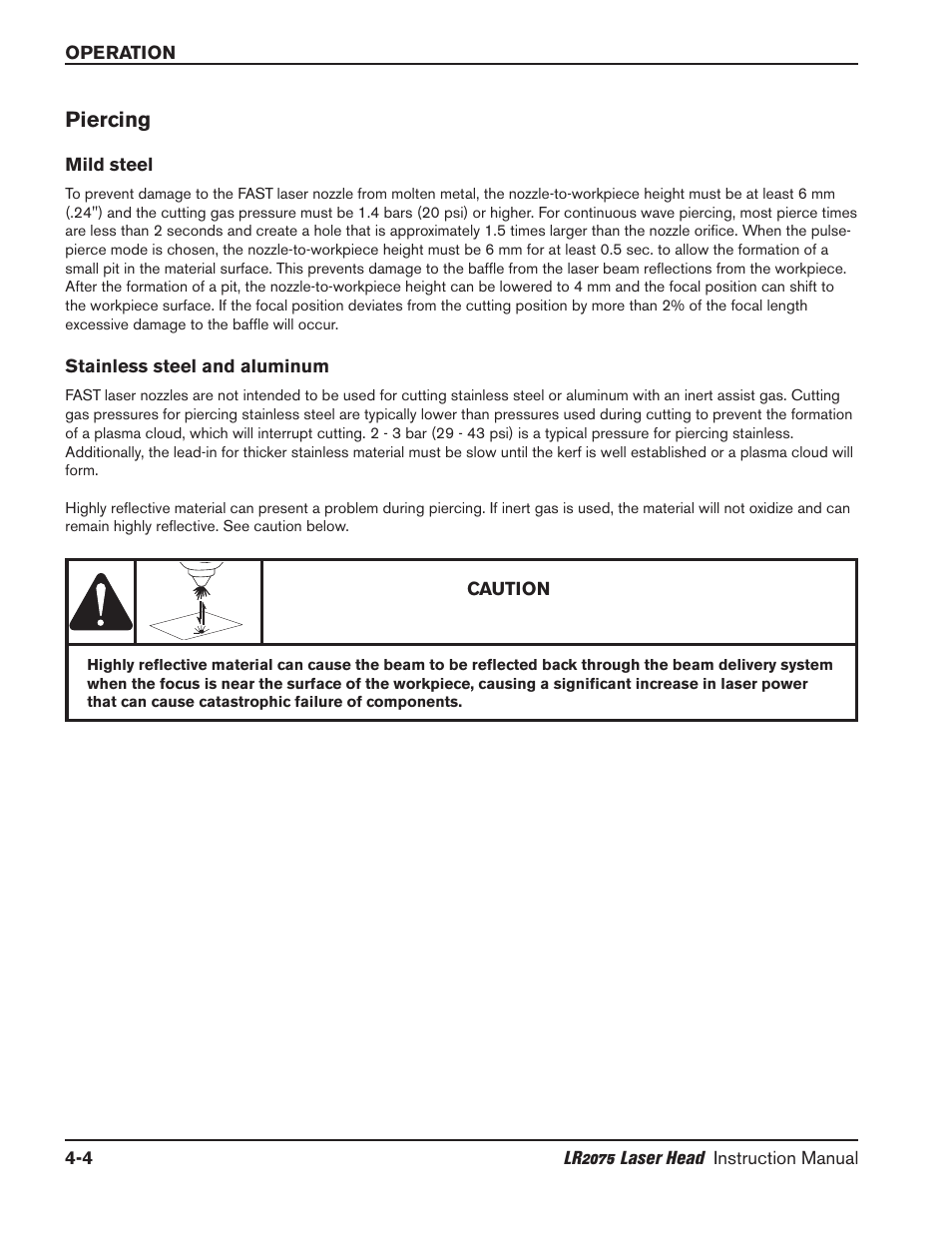Piercing -4, Mild steel -4, Stainless steel and aluminum -4 | Piercing | Hypertherm LR2075 User Manual | Page 29 / 56