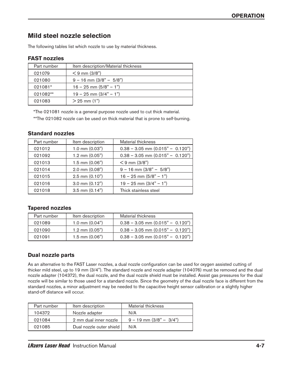 Cut charts -7, Mild steel -7, Stainless steel -7 | Mild steel nozzle selection -7, Mild steel nozzle selection | Hypertherm LR2075 User Manual | Page 32 / 56