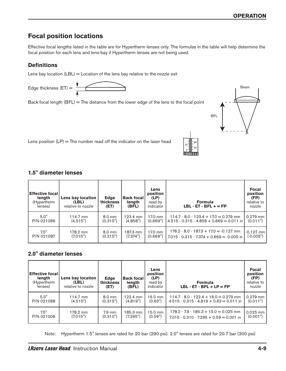 Maintenance -9, Nozzle inspection -9, Lens inspection -9 | Focal position locations -9, Definitions -9, 5" diameter lenses -9, 0" diameter lenses -9, Focal position locations, Definitions, 5" diameter lenses 2.0" diameter lenses | Hypertherm LR2075 User Manual | Page 34 / 56