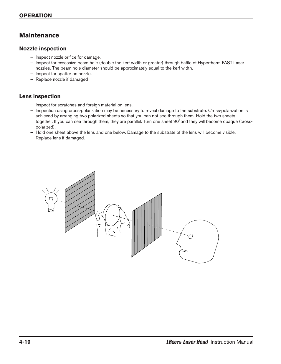 Clean the lens -10, Maintenance -10, Nozzle inspection -10 | Lens inspection -10, Maintenance | Hypertherm LR2075 User Manual | Page 35 / 56
