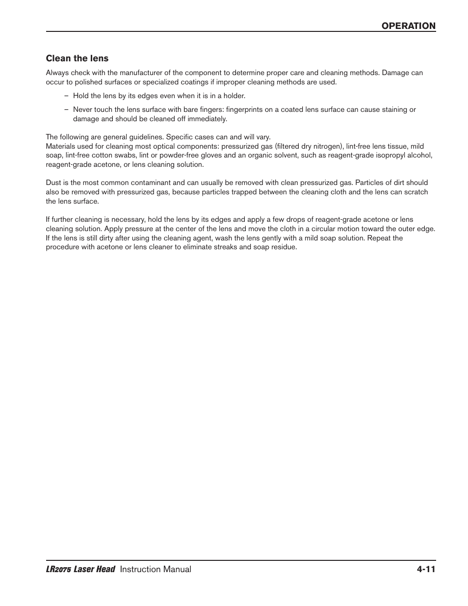 Lens mounting -11, Standard -11, Clean the lens -11 | Hypertherm LR2075 User Manual | Page 36 / 56