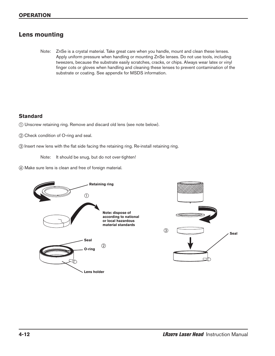 Lens centering -12, Lens mounting -12, Standard -12 | Lens mounting | Hypertherm LR2075 User Manual | Page 37 / 56