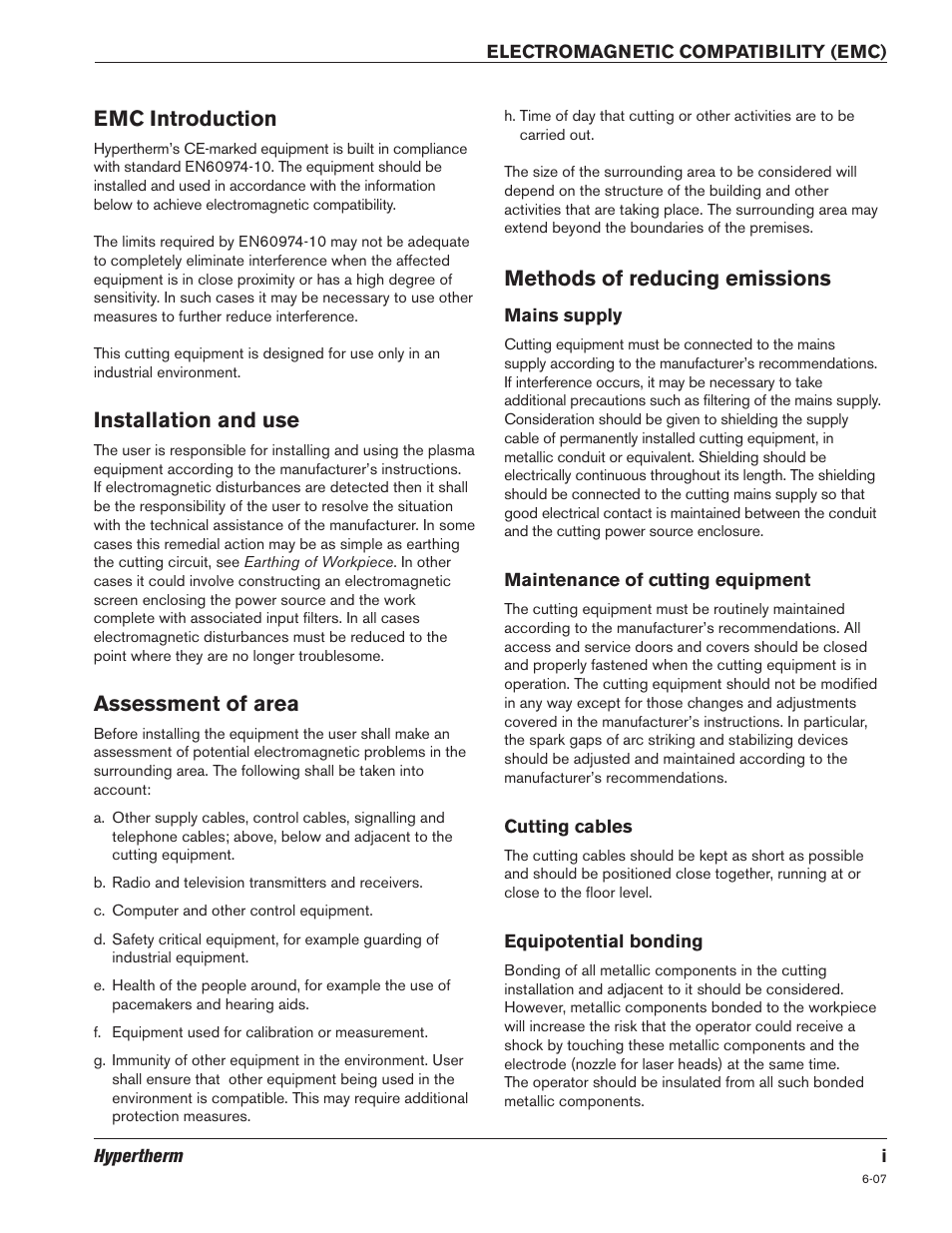 Electromagnetic compatibility (emc), Emc introduction, Installation and use | Assessment of area, Methods of reducing emissions | Hypertherm LR2075 User Manual | Page 4 / 56