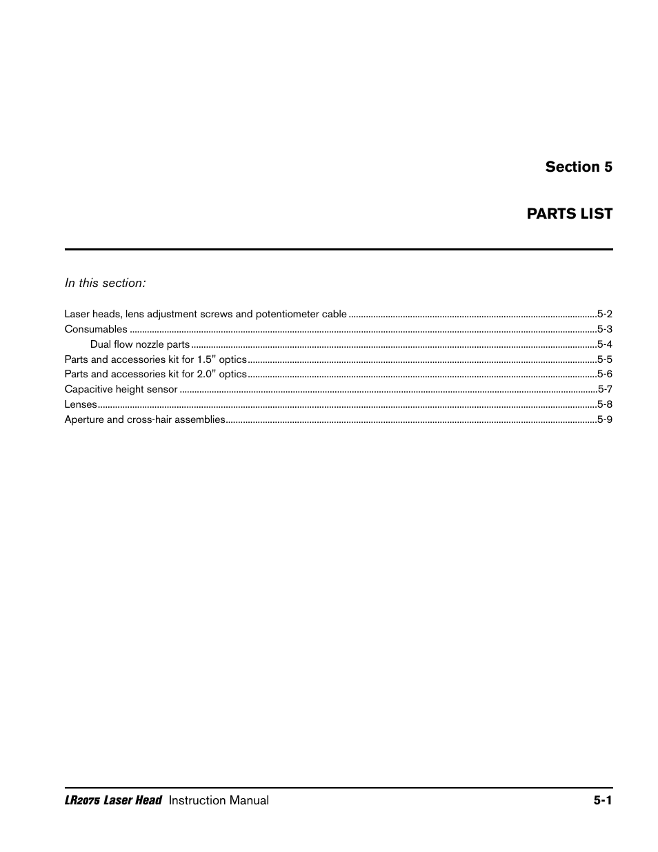 Section 5 parts list, Section 5, Parts list -1 | Hypertherm LR2075 User Manual | Page 43 / 56