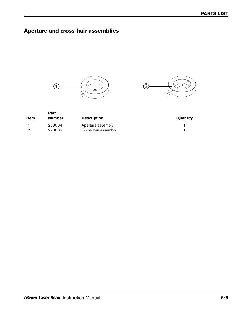 Aperture and cross-hair assemblies -9, Aperture and cross-hair assemblies | Hypertherm LR2075 User Manual | Page 51 / 56