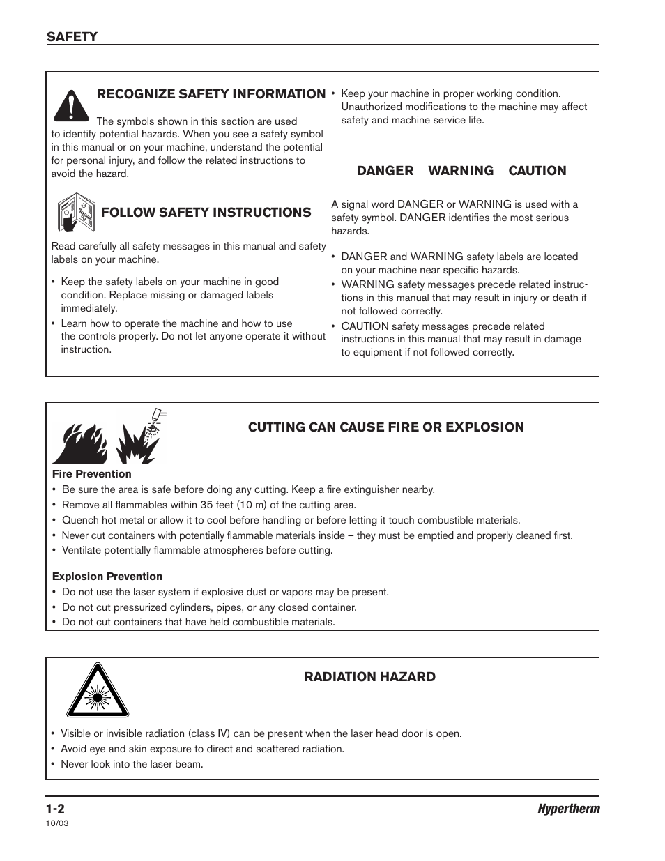 Recognize safety information -2, Follow safety instructions -2, Cutting can cause fire or explosion -2 | Radiation hazard -2 | Hypertherm LH2100 User Manual | Page 11 / 60