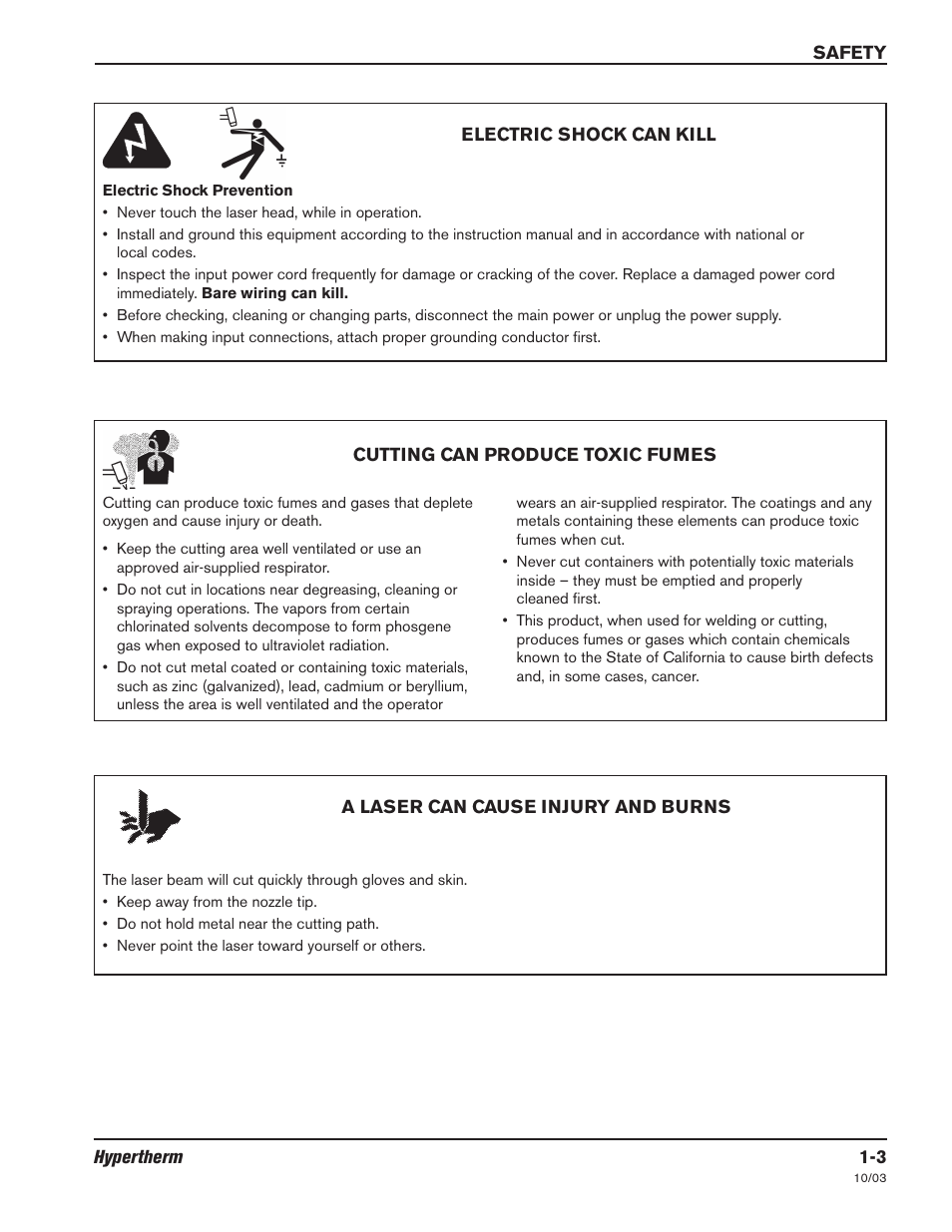 Electric shock can kill -3, Cutting can produce toxic fumes -3, A laser can cause injury and burns -3 | Hypertherm LH2100 User Manual | Page 12 / 60