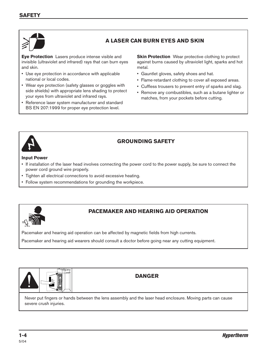 A laser can burn eyes and skin -4, Grounding safety -4, Pacemaker and hearing aid operation -4 | Hypertherm LH2100 User Manual | Page 13 / 60