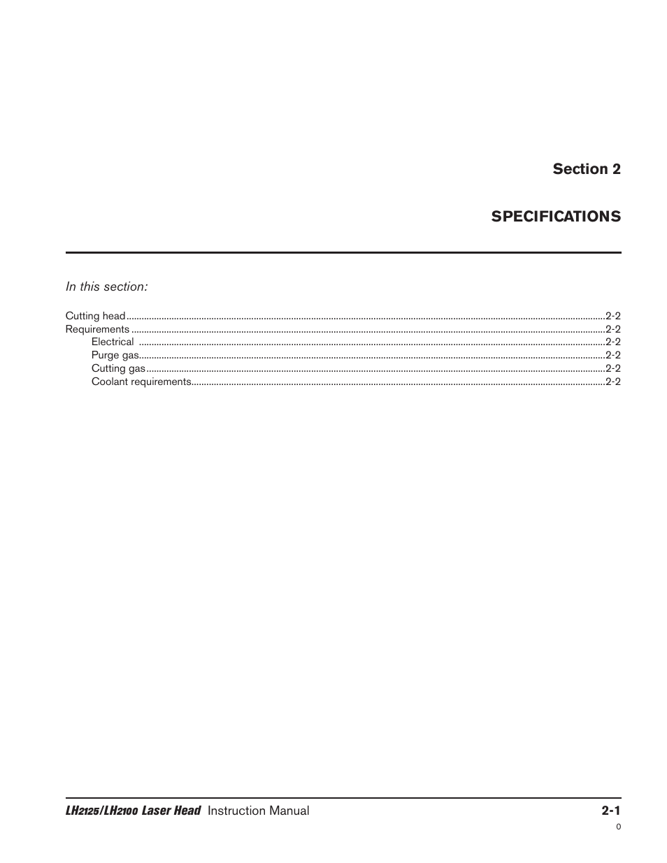 Section 2 specifications, Section 2 specifications -1 | Hypertherm LH2100 User Manual | Page 14 / 60