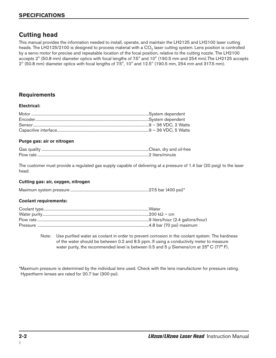Cutting head -2, Requirements -2, Electrical -2 | Purge gas -2, Cutting gas -2, Coolant requirements -2, Cutting head | Hypertherm LH2100 User Manual | Page 15 / 60