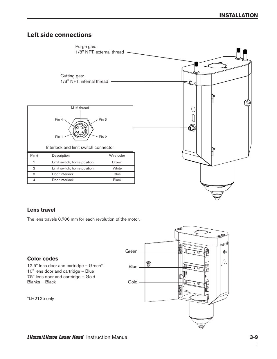 Left side connections -9, Lens travel -9, Color codes -9 | Lens travel -9 color codes -9, Left side connections, Lens travel, Color codes | Hypertherm LH2100 User Manual | Page 24 / 60