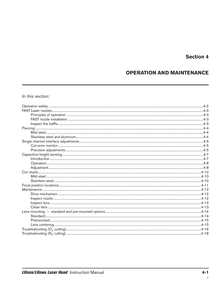 Section 4 operation and maintenance, Section 4 operation -1 | Hypertherm LH2100 User Manual | Page 28 / 60