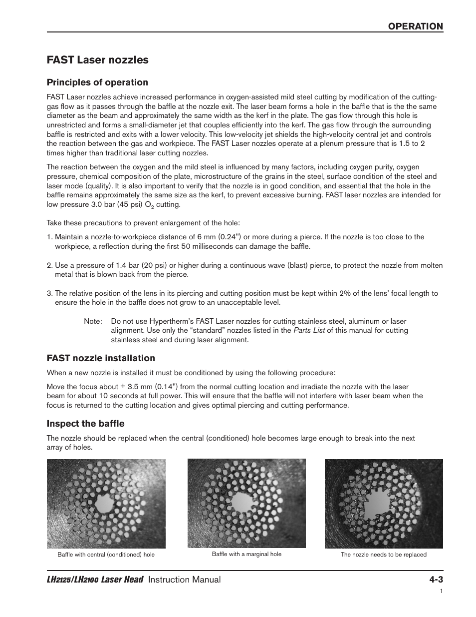Fast laser nozzles -3, Principles of operation -3, Fast nozzle installation -3 | Inspect the baffle -3, Fast laser nozzles | Hypertherm LH2100 User Manual | Page 30 / 60