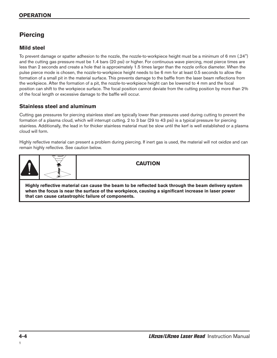 Piercing -4, Mild steel -4, Stainless steel and aluminum -4 | Mild steel -4 stainless steel and aluminum -4, Piercing | Hypertherm LH2100 User Manual | Page 31 / 60