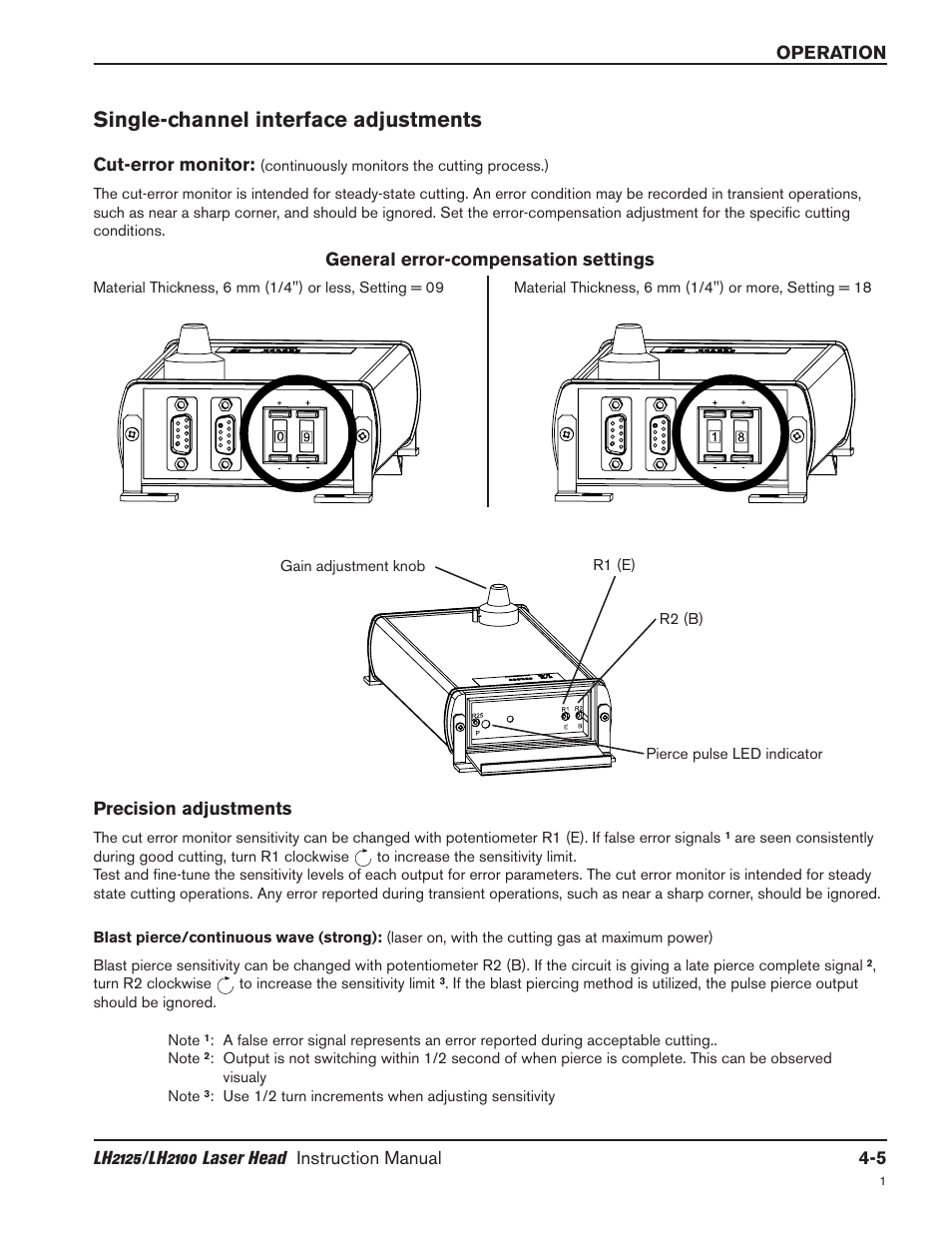 Single channel interface adjustments -5, Cut-error monitor -5, Precision adjustments -5 | Cut-error monitor -5 precision adjustments -5, Single-channel interface adjustments | Hypertherm LH2100 User Manual | Page 32 / 60