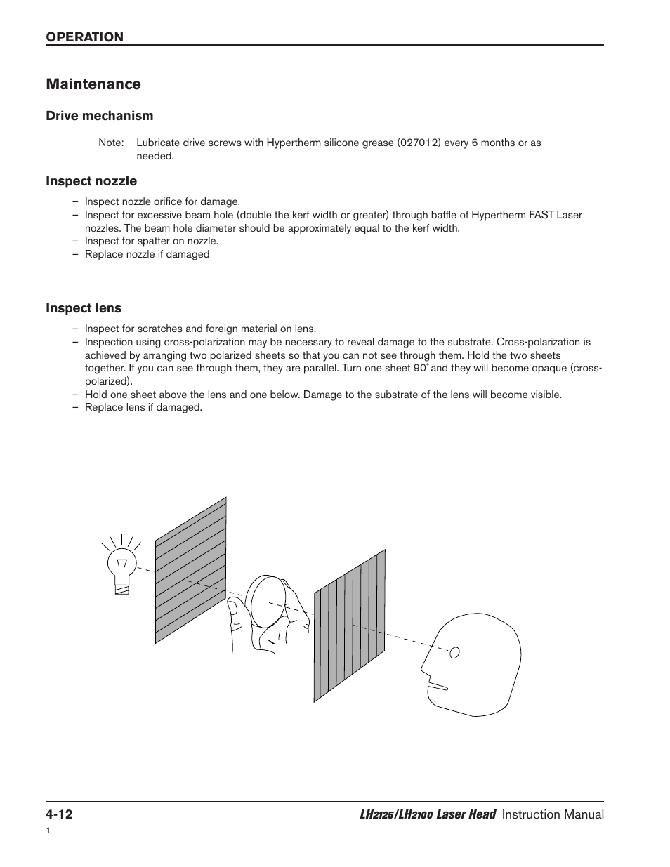 Maintenance -12, Drive mechanism -12, Inspect nozzle -12 | Inspect lens -12, Maintenance | Hypertherm LH2100 User Manual | Page 39 / 60