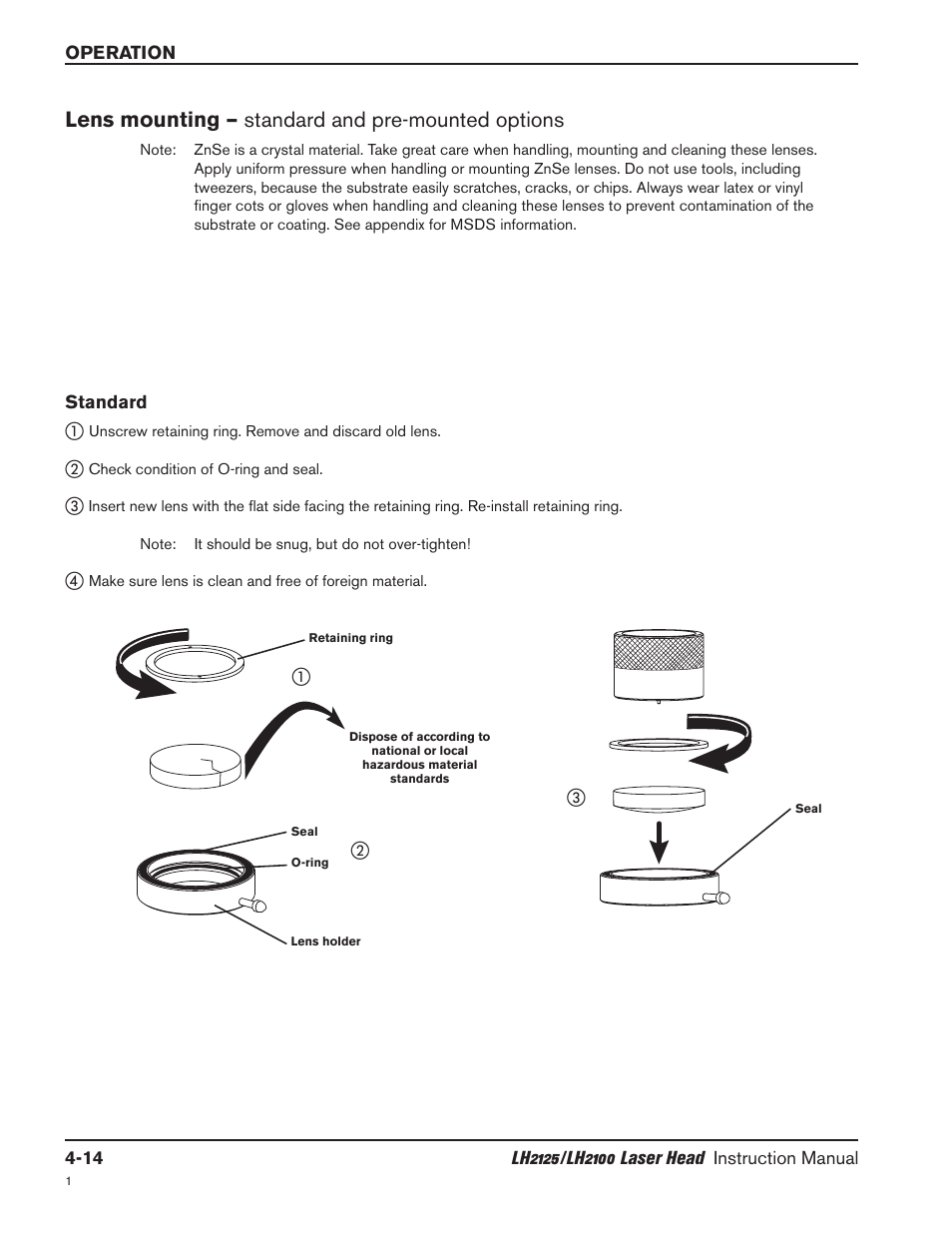 Standard -14, Lens mounting – standard and pre-mounted options | Hypertherm LH2100 User Manual | Page 41 / 60