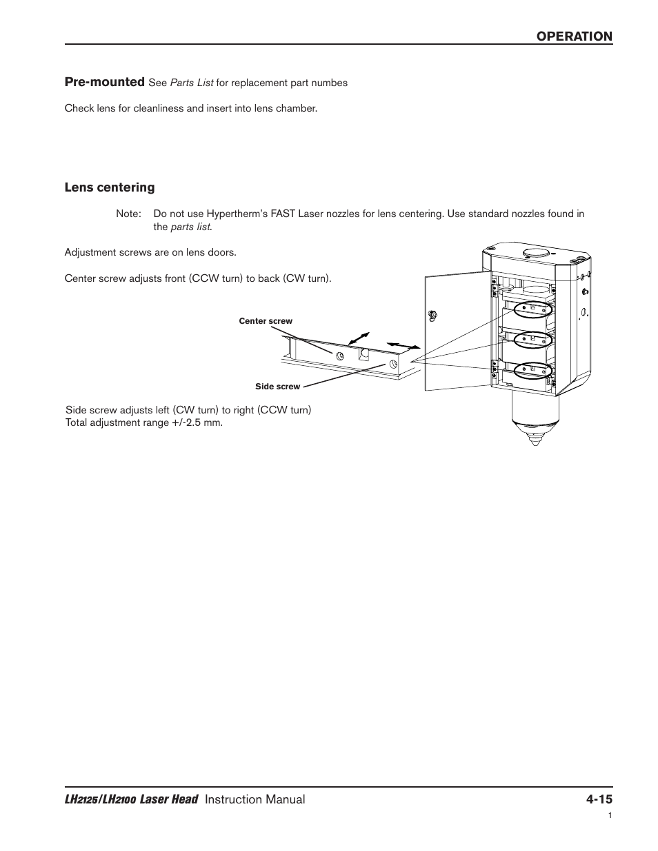 Premounted -15, Lens centering -15, Premounted -15 lens centering -15 | Hypertherm LH2100 User Manual | Page 42 / 60