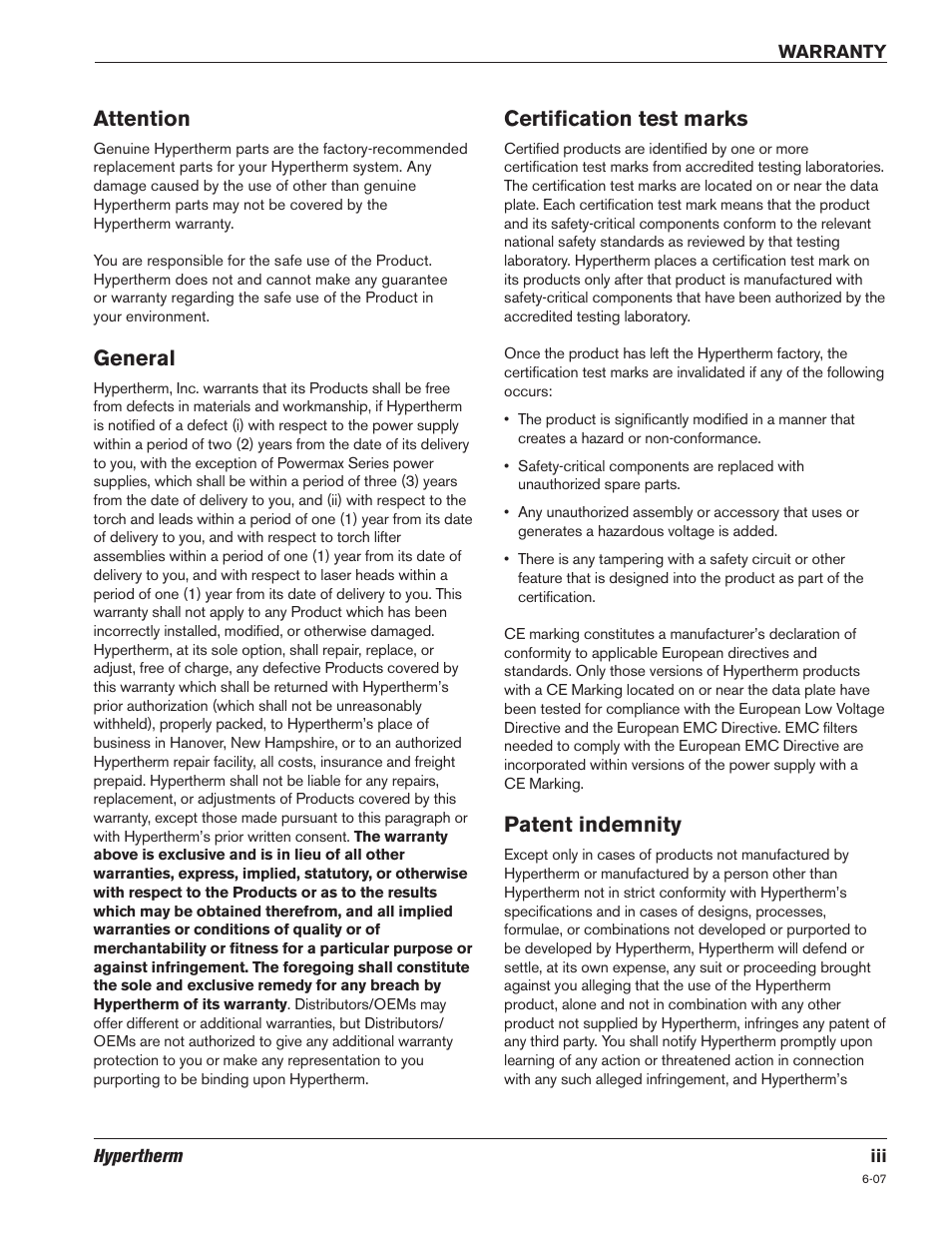 Warranty, Attention, General | Certification test marks, Patent indemnity | Hypertherm LH2100 User Manual | Page 6 / 60