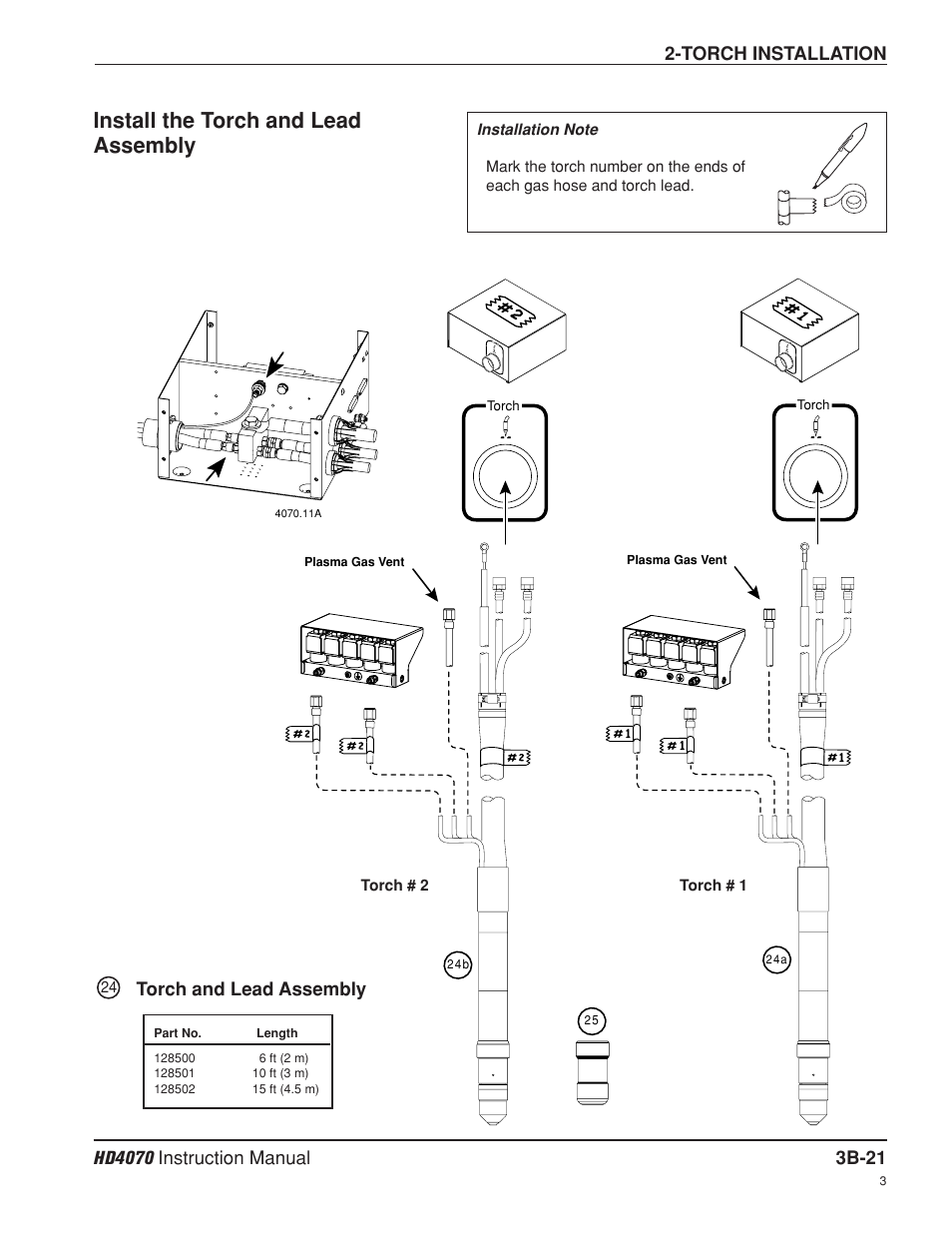 Install the torch and lead assembly b-21, Torch and lead assembly b-21, Install the torch and lead assembly | Torch and lead assembly | Hypertherm HD4070 Rev.8 User Manual | Page 108 / 278
